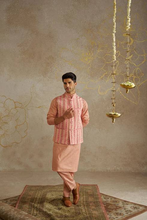 Blush Kurta Set With Printed Jacket